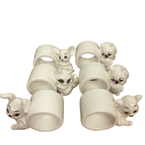 Schmid Bros Animal Napkin Rings Set Of 6 White Ceramic Raccoon Owl Mouse in Box - Picture 11 of 14